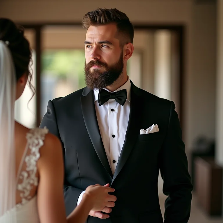 Noivo com barba curta e moderna segurando a mão da noiva