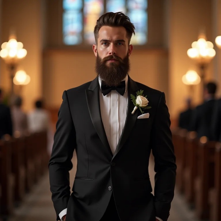 Noivo com barba estilosa esperando no altar