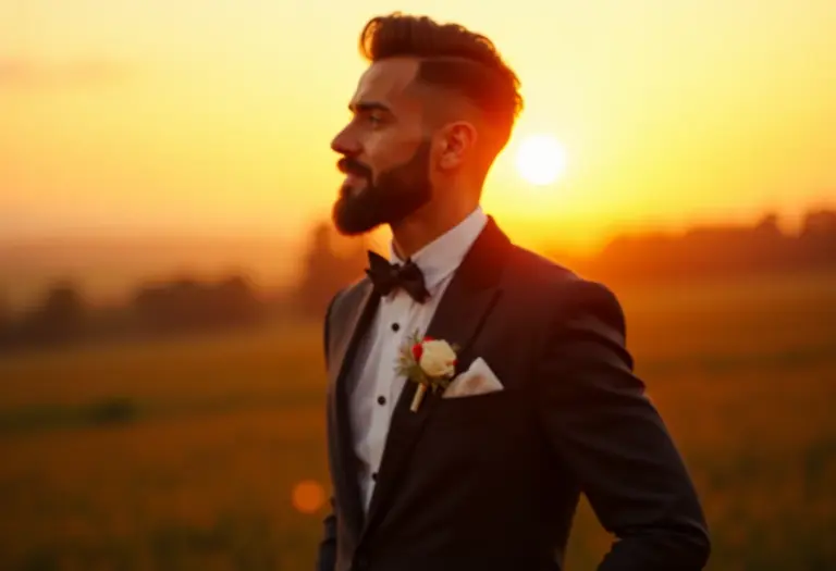 Noivo com barba impecável em casamento de luxo ao pôr do sol