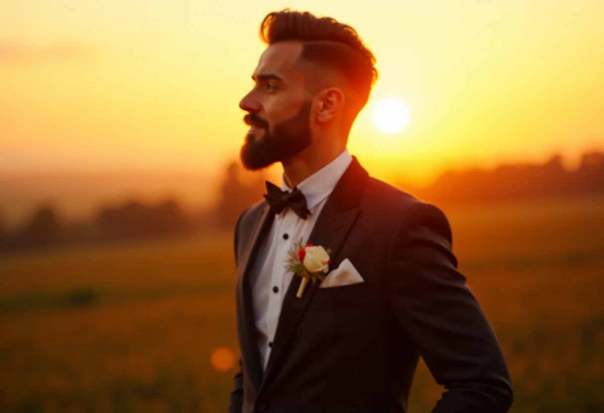 Noivo com barba impecável em casamento de luxo ao pôr do sol