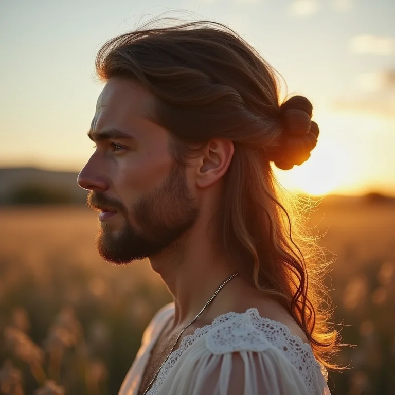 Noivo com cabelo longo e coque meio preso em casamento boho.