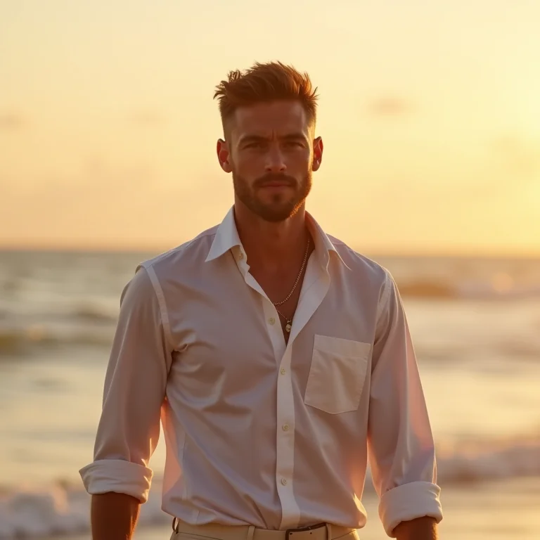 Noivo com cabelo texturizado caminhando na praia ao pôr do sol.