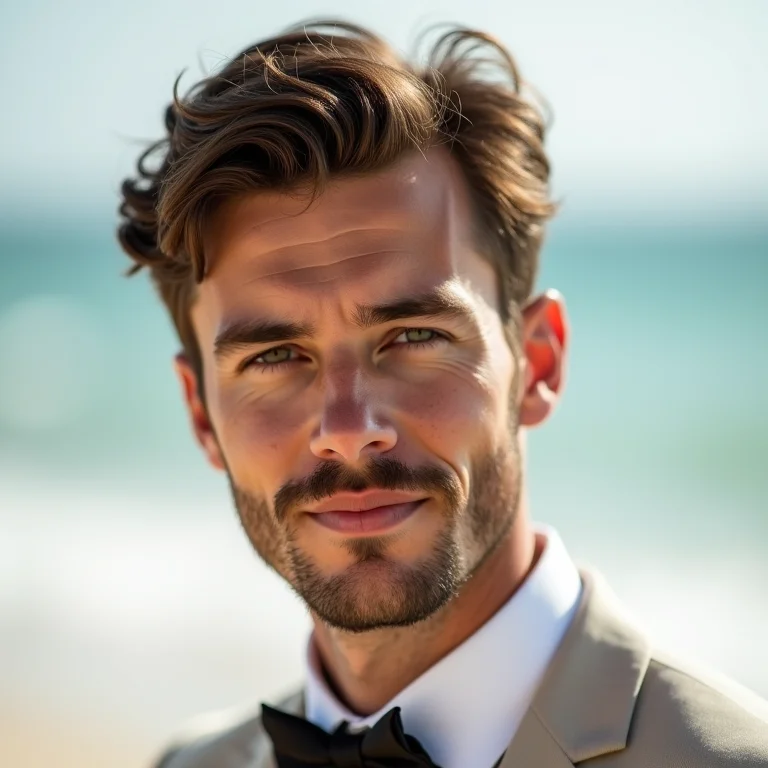 Noivo com cabelo texturizado e visual despojado para casamento na praia.