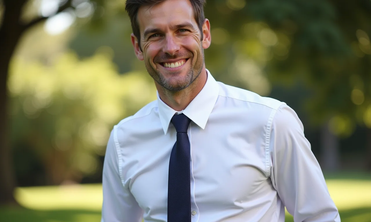 Noivo com gravata Brookfields em jardim ao ar livre.