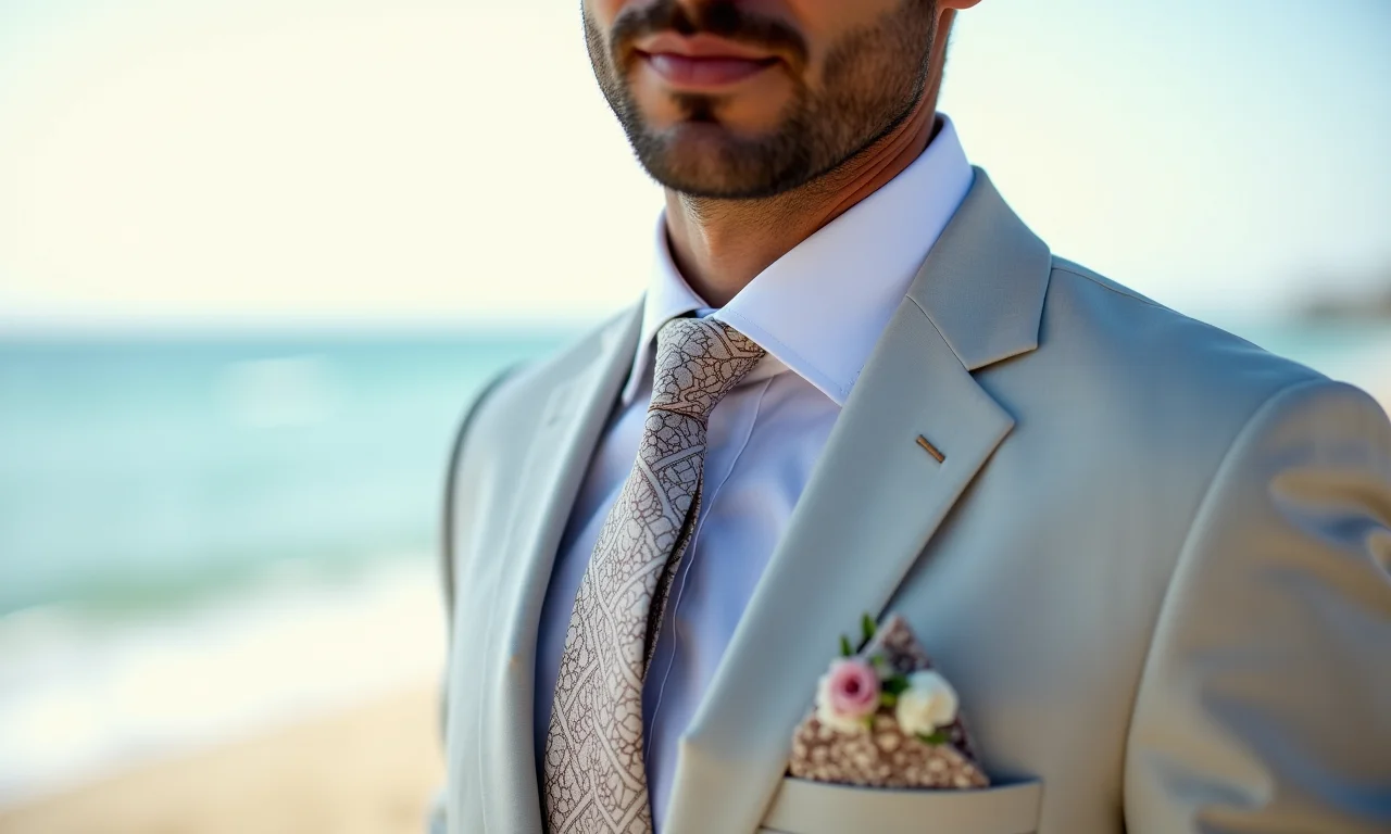 Noivo com gravata estampada em casamento na praia.