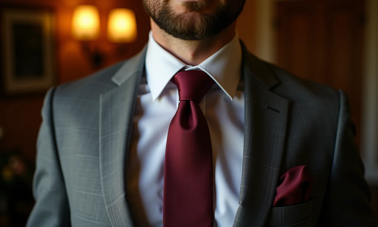 Noivo com gravata vinho/bordô em terno cinza.