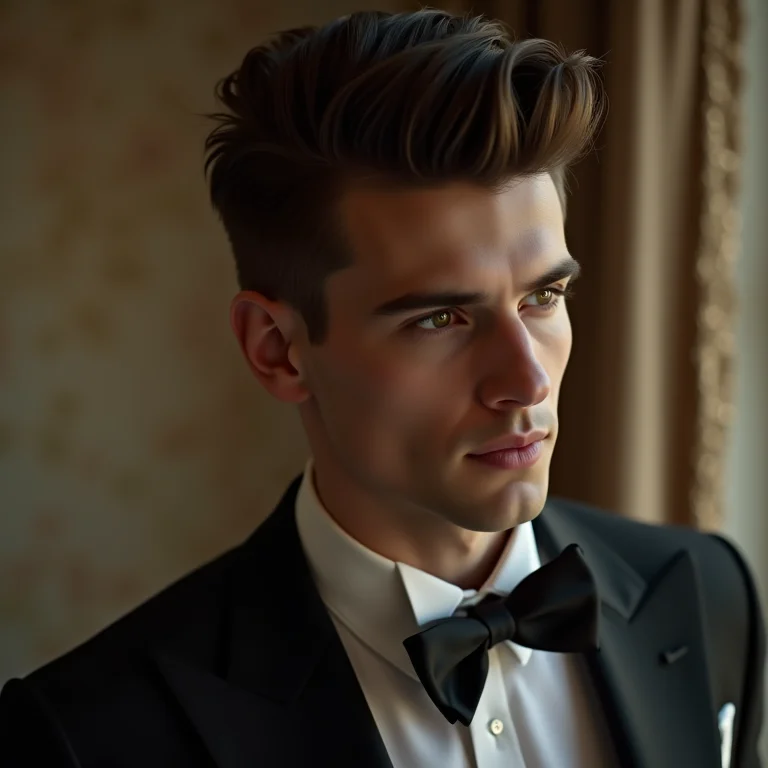 Noivo com pompadour em casamento com estilo retrô.