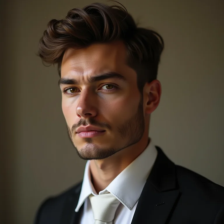 Noivo com rosto oval e penteado versátil.