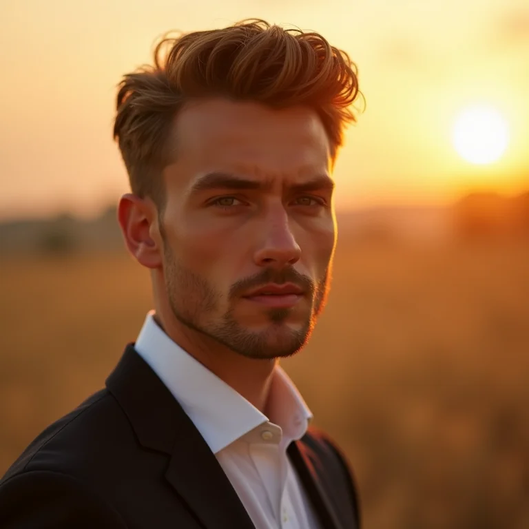 Noivo com rosto quadrado e penteado suave que suaviza os ângulos.