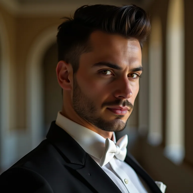 Noivo com rosto redondo e penteado que alonga os traços.