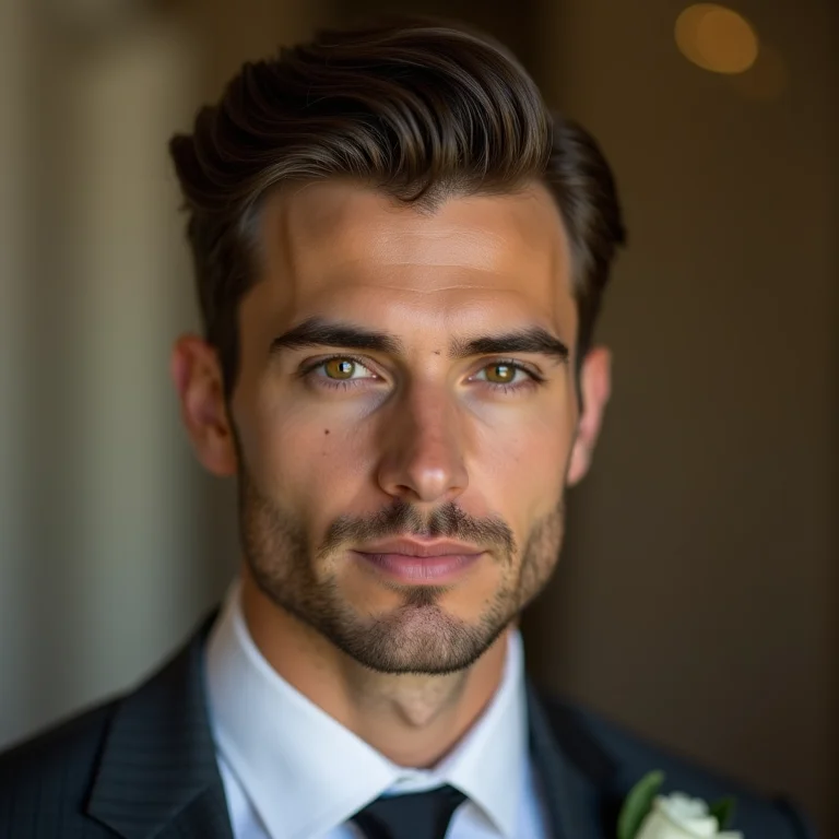 Noivo com rosto triangular e penteado que equilibra as proporções.