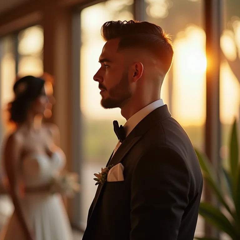 Noivo com undercut moderno em casamento sofisticado.