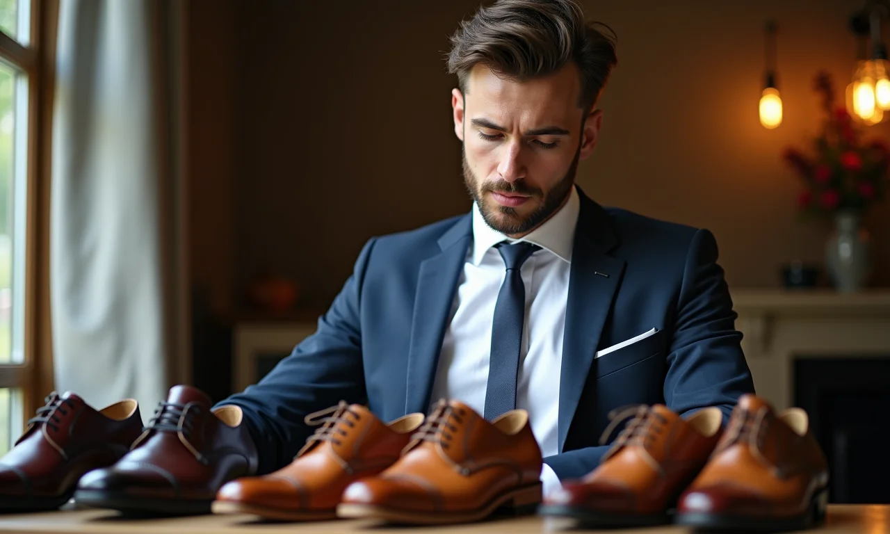 Noivo considerando diferentes modelos de sapatos para o casamento.