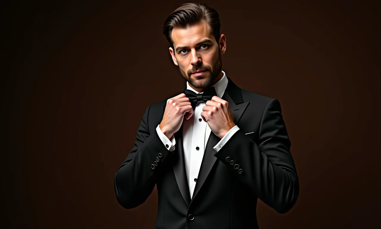 Noivo de smoking preto ajustando gravata borboleta em casamento de gala.
