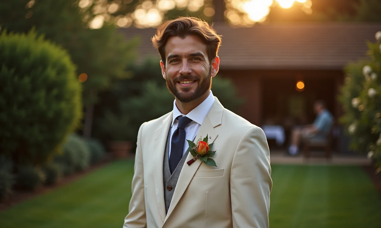 Noivo de terno de linho em festa noturna no jardim.