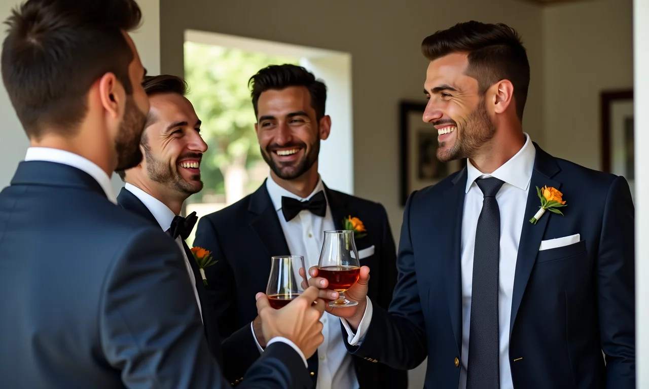 Noivo e padrinhos brindando no making of do casamento.