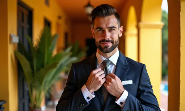 Noivo elegante ajustando a gravata em casamento brasileiro.