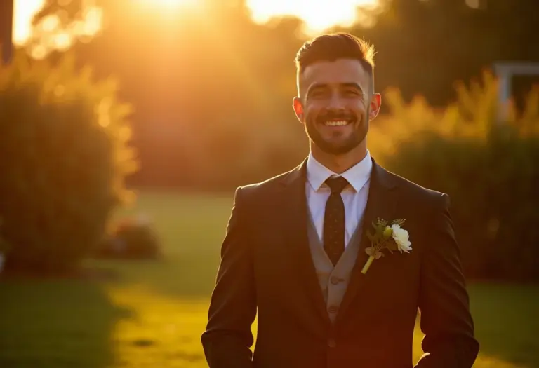 Noivo elegante em jardim iluminado pelo sol.