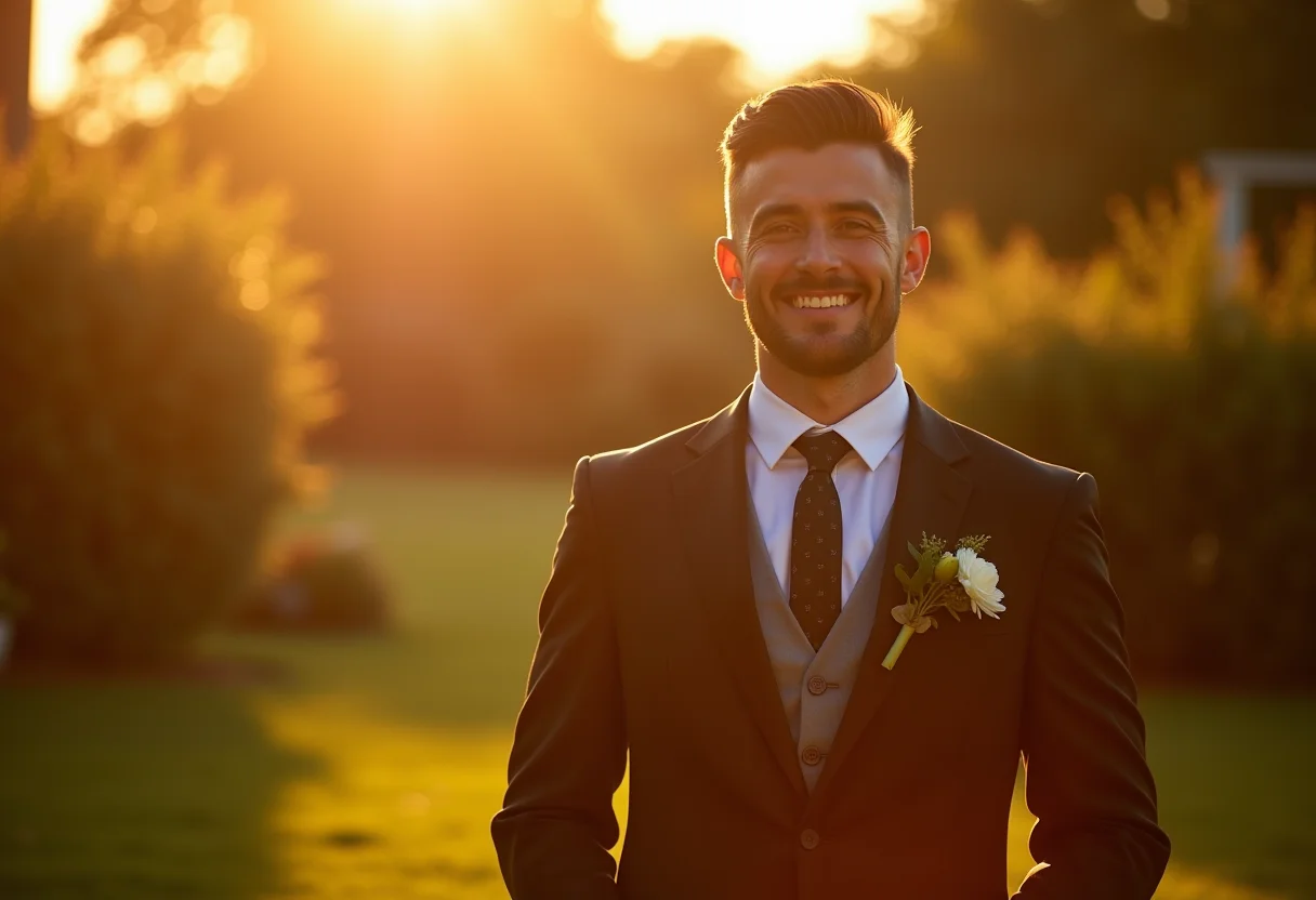 Noivo elegante em jardim iluminado pelo sol.