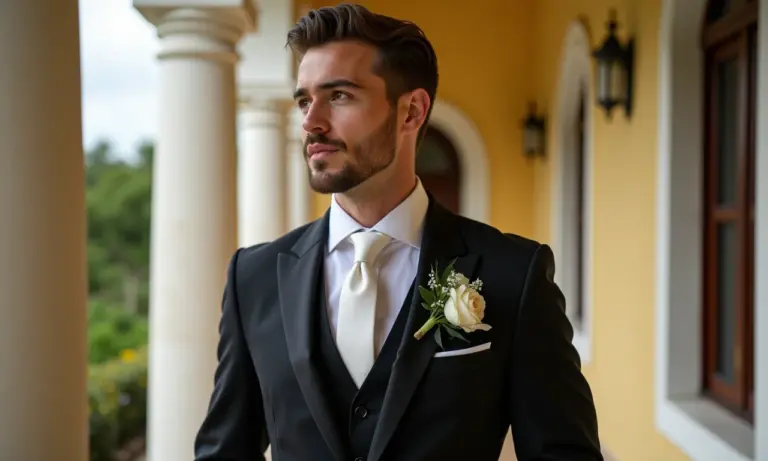 Noivo elegante vestindo terno sob medida em casamento brasileiro.