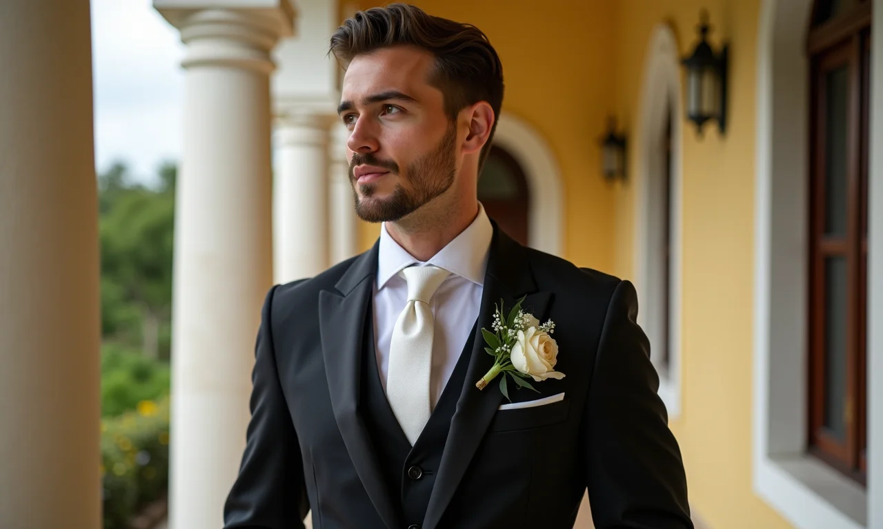 Noivo elegante vestindo terno sob medida em casamento brasileiro.