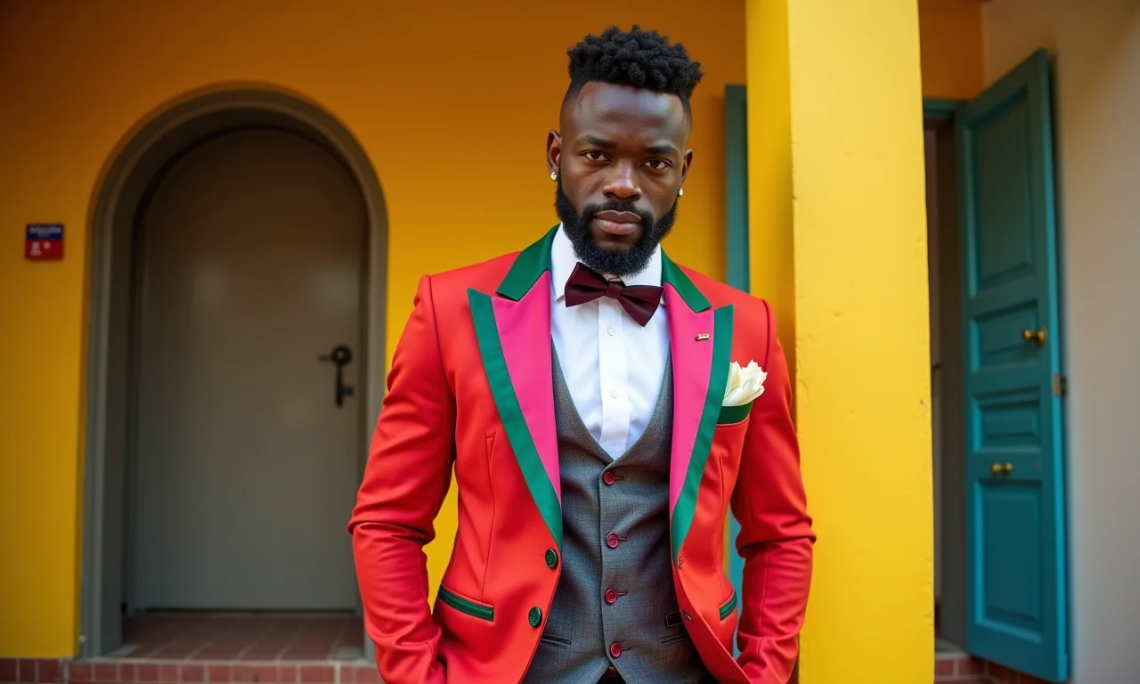 Noivo em terno colorido demonstrando ousadia e estilo.