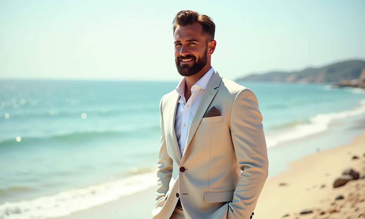 Noivo em terno de linho em casamento na praia.