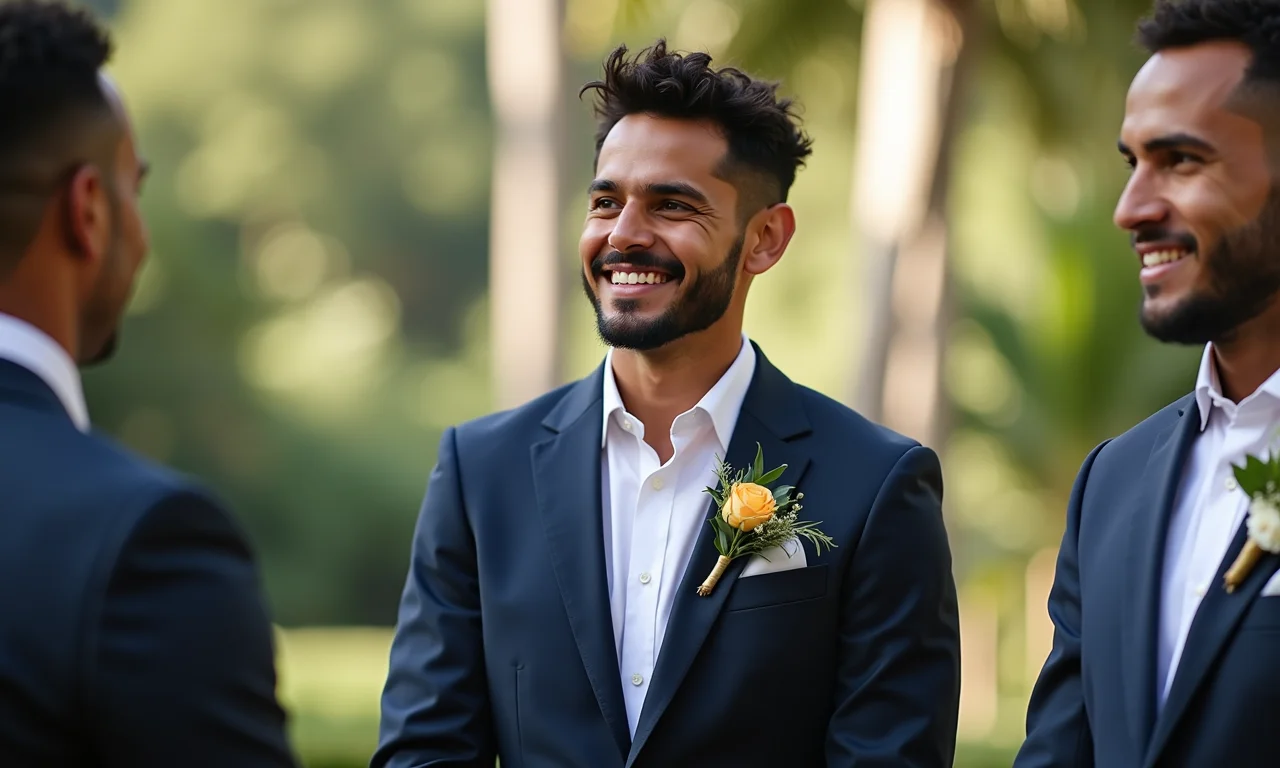 Noivo em terno moderno durante cerimônia de casamento civil.