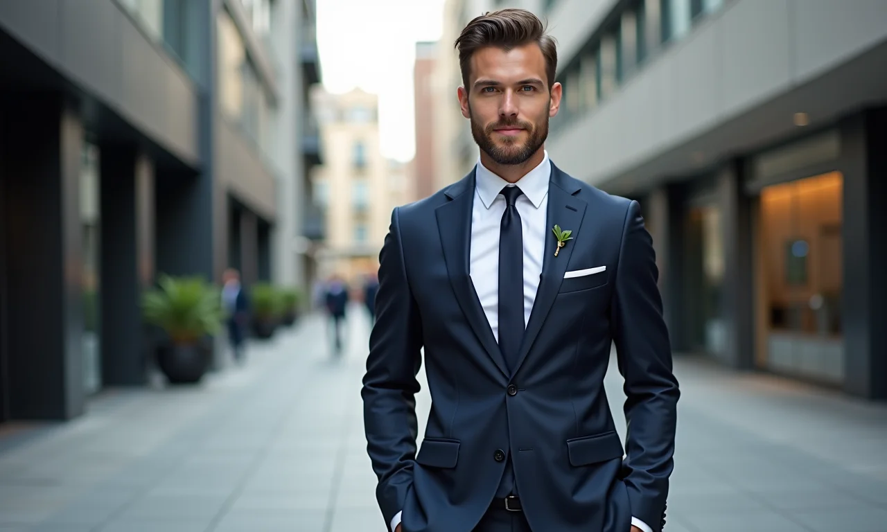 Noivo em terno slim fit posando em cenário urbano moderno.