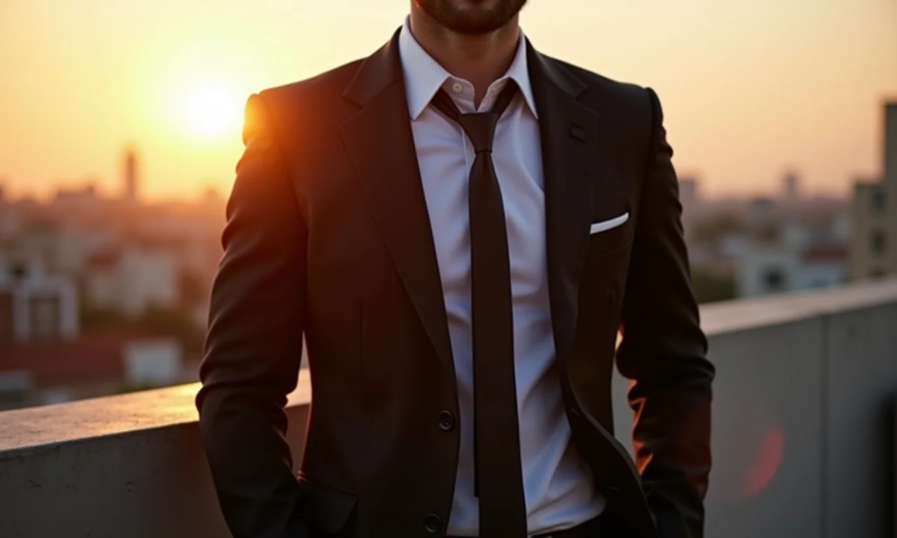 Noivo estiloso com gravata skinny em festa no terraço.