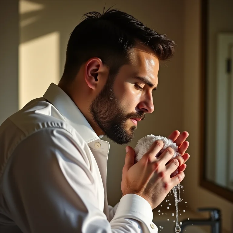 Noivo lavando a barba em banheiro luxuoso.