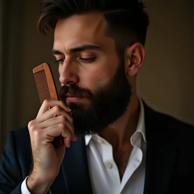 Noivo penteando a barba com pente de madeira.