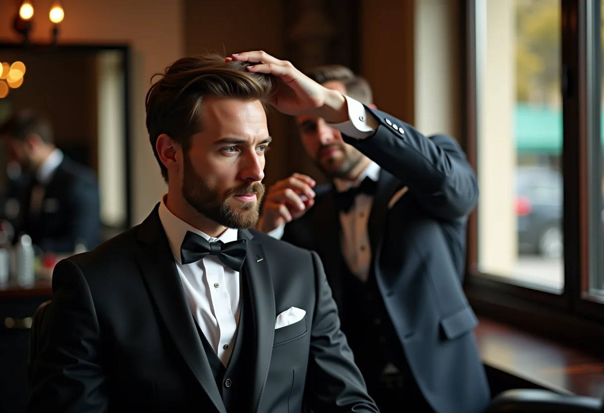 Noivo sendo preparado para o casamento em barbearia sofisticada.