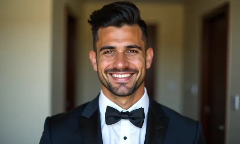 Noivo sorrindo com corte de cabelo elegante se preparando para o casamento.