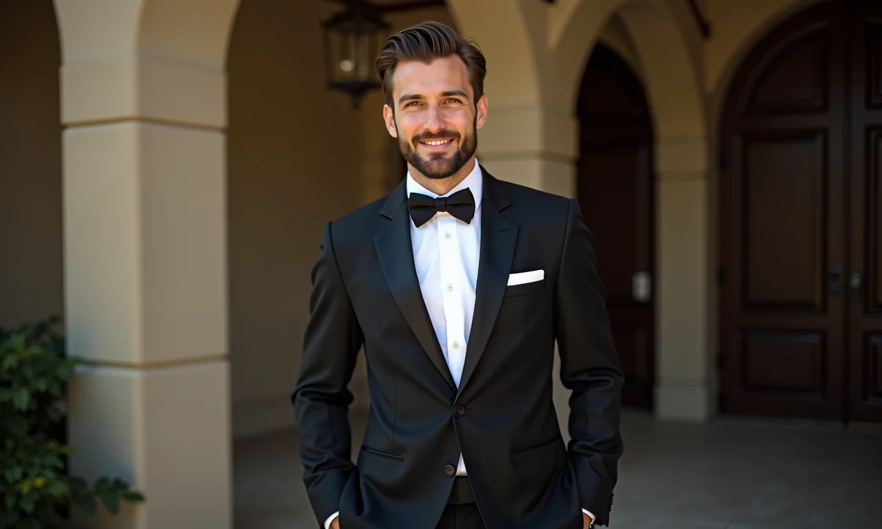 Noivo usando gravata preta em evento sofisticado.