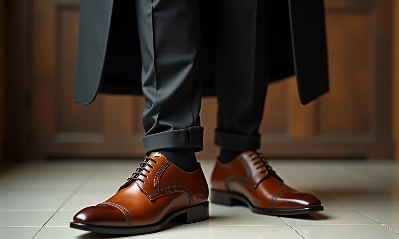 Noivo usando sapato marrom com terno preto.