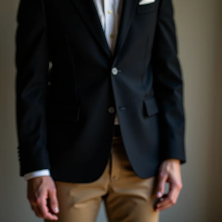 Noivo vestindo blazer escuro com camisa branca e calça chino bege
