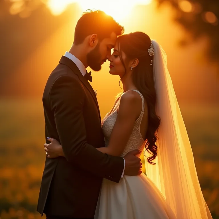 Noivos abraçados em momento de intimidade.