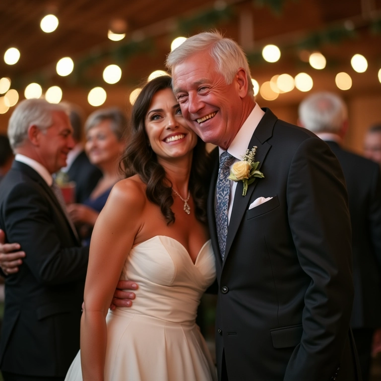 Noivos abraçando avós sorrindo em casamento com decoração vibrante.