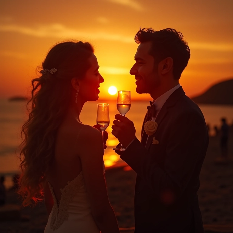 Noivos brindando com os pais durante o pôr do sol em casamento brasileiro.