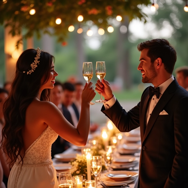 Noivos brindando com os pais em casamento elegante com decoração vibrante.