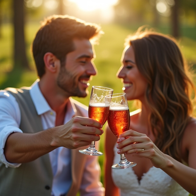 Noivos brindando em casamento piquenique romântico.