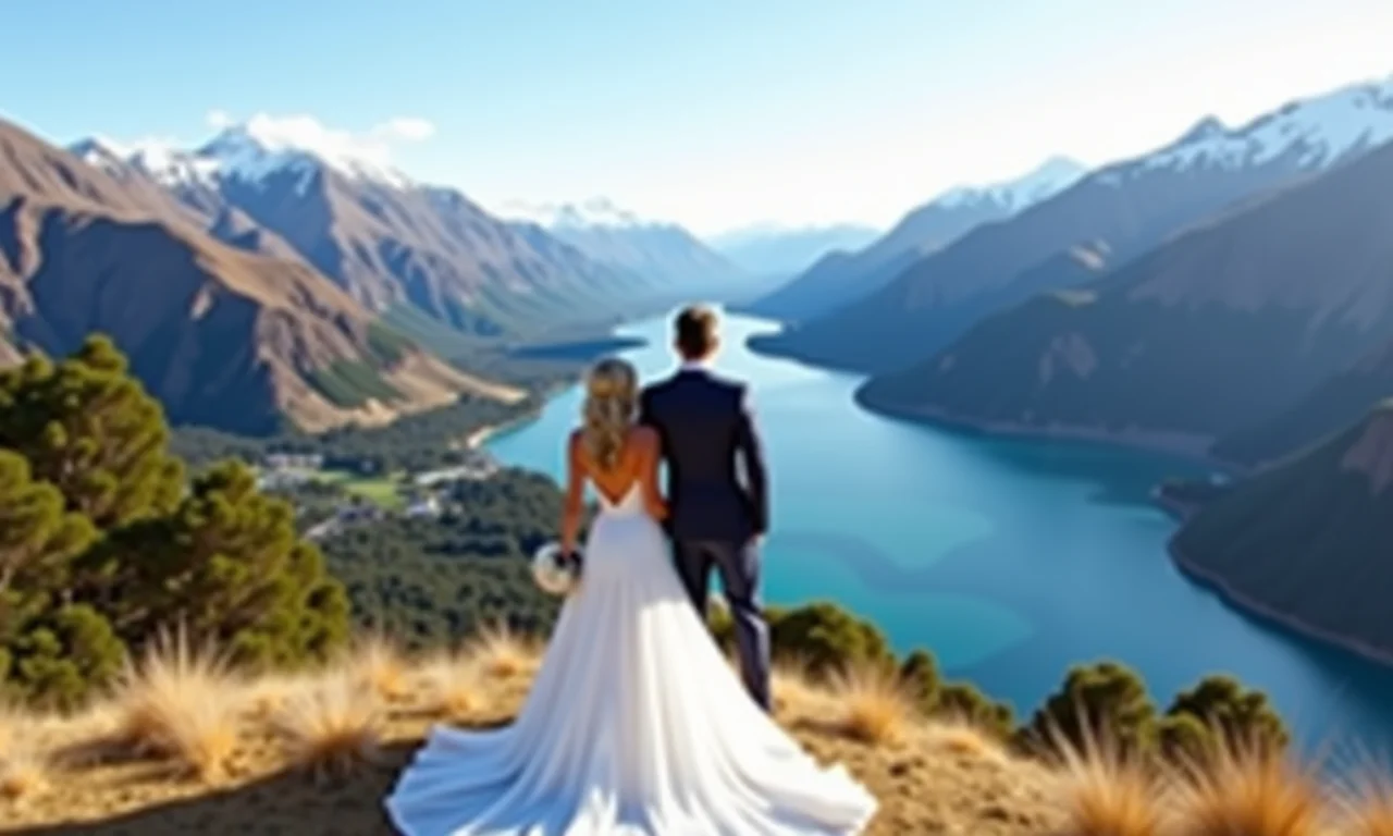 Noivos com vista para montanhas na Nova Zelândia.