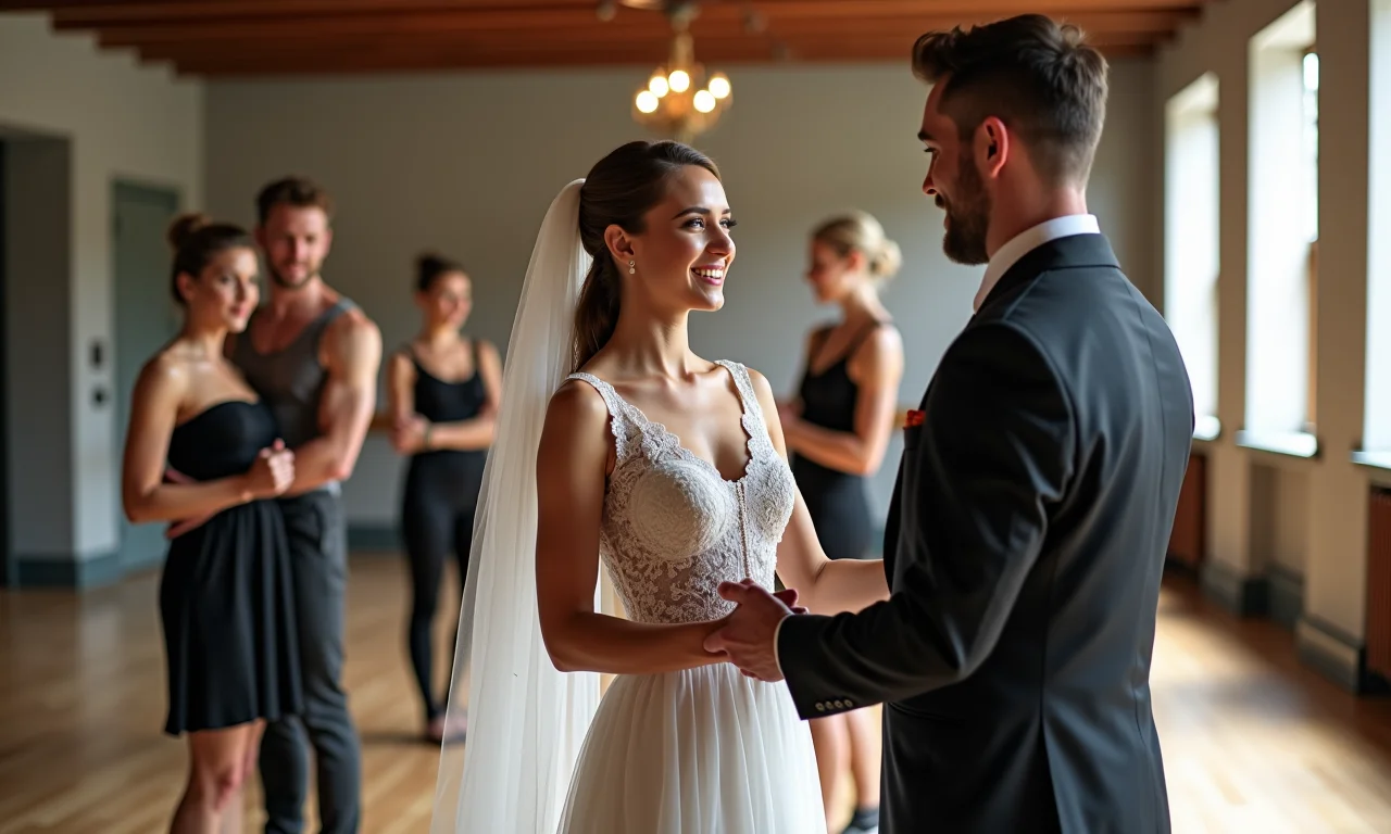 Noivos conversando com um professor de dança.