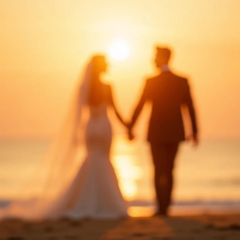 Noivos de mãos dadas caminhando na praia ao pôr do sol