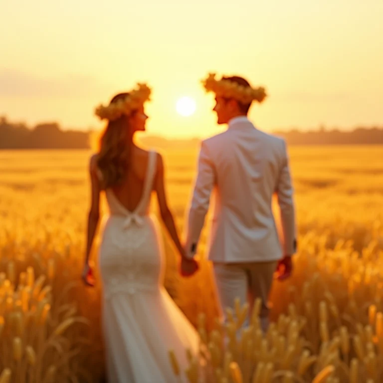 Noivos de mãos dadas em campo de trigo com coroas de flores secas