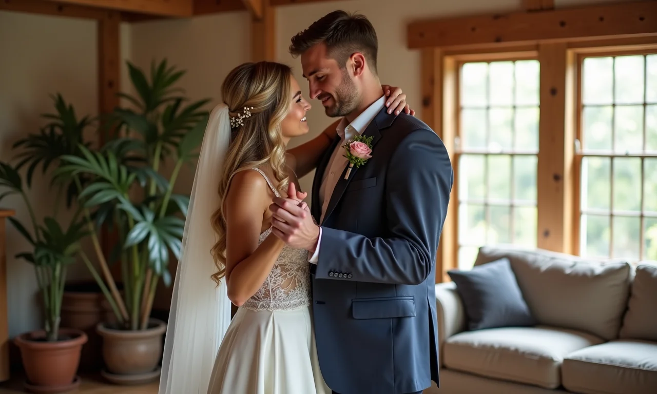 Noivos definindo o estilo da dança para o casamento em casa.