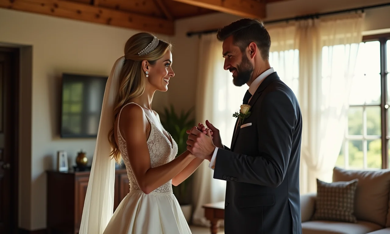 Noivos ensaiando a primeira dança na sala de casa.