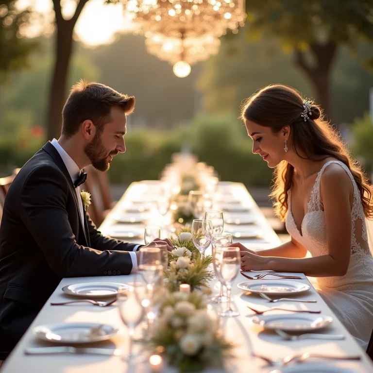 Noivos escolhendo a mesa retangular ideal para o casamento.