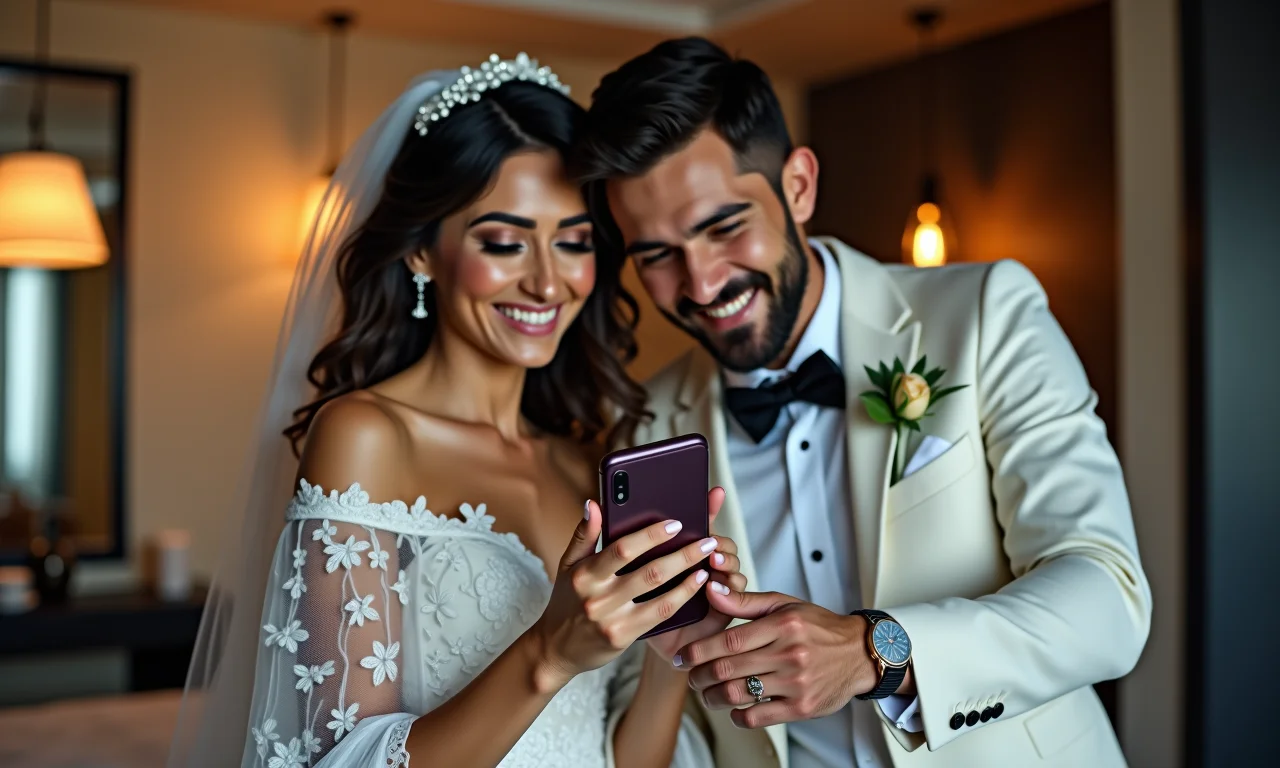 Noivos gravando vídeo de agradecimento divertido.